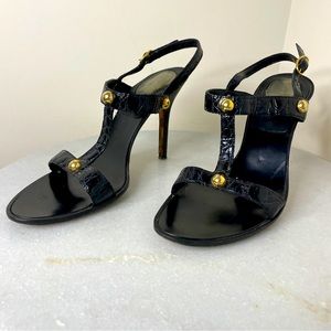 CASADEI Black Leather Croc Print Strappy Open Toe Heeled Sandals Sz 8 Gold Studs